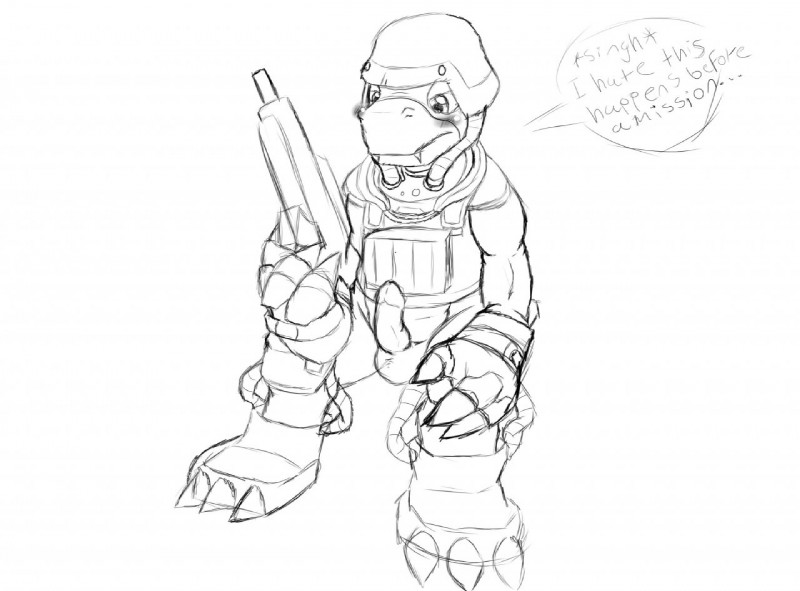 anthro biped embarrassed erection genitals gun holding_gun holding_object holding_ranged_weapon holding_weapon male military penis ranged_weapon sighing simple_background sitting soldier solo text unwanted_erection warrior weapon heibanhikaru bandai_namco digimon commandramon digimon_(species) english_text monochrome sketch