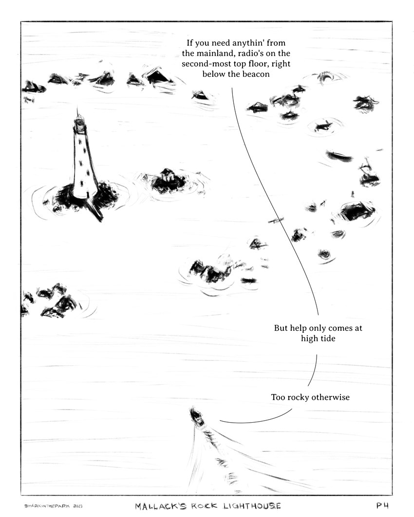 boat border dialogue high-angle_view lighthouse pier rock sea shed text vehicle water watercraft wave white_border zero_pictured sharkinthepark 2025 4:5 absurd_res black_and_white comic english_text hi_res monochrome