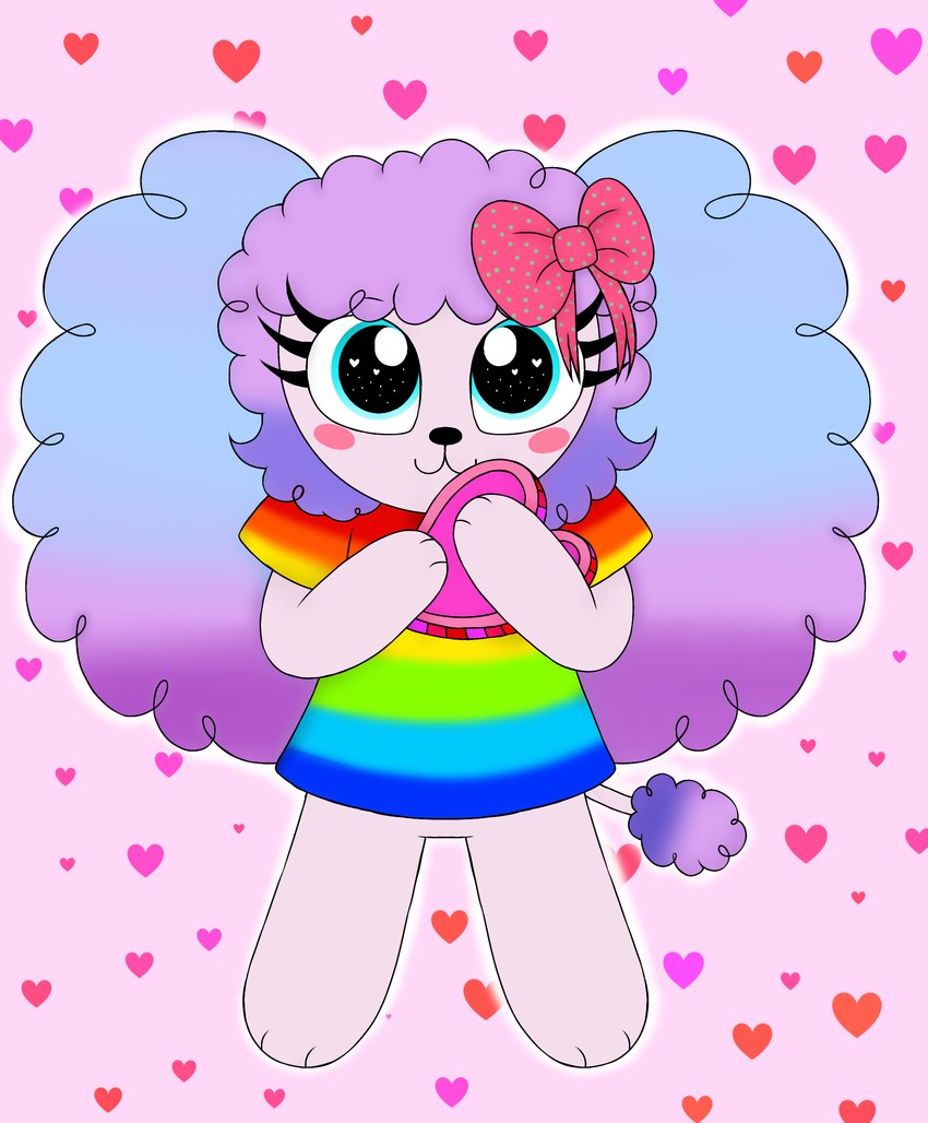 accessory anthro blue_eyes blush blush_stickers bow_ribbon clothing curled_hair ears_as_hair eyelashes female hair hair_accessory hair_bow hair_ribbon heart_eyes heart_symbol holding_heart multicolored_clothing multicolored_hair multicolored_shirt multicolored_topwear pink_body poofy_hair rainbow_clothing rainbow_shirt rainbow_topwear ribbons shirt solo sparkles sparkling_eyes toony topwear artziidubz puppies_in_paradise flora_(puppies_in_paradise) canid canine canis domestic_dog island_puppy mammal poodle 2024 absurd_res digital_drawing_(artwork) digital_media_(artwork) hi_res