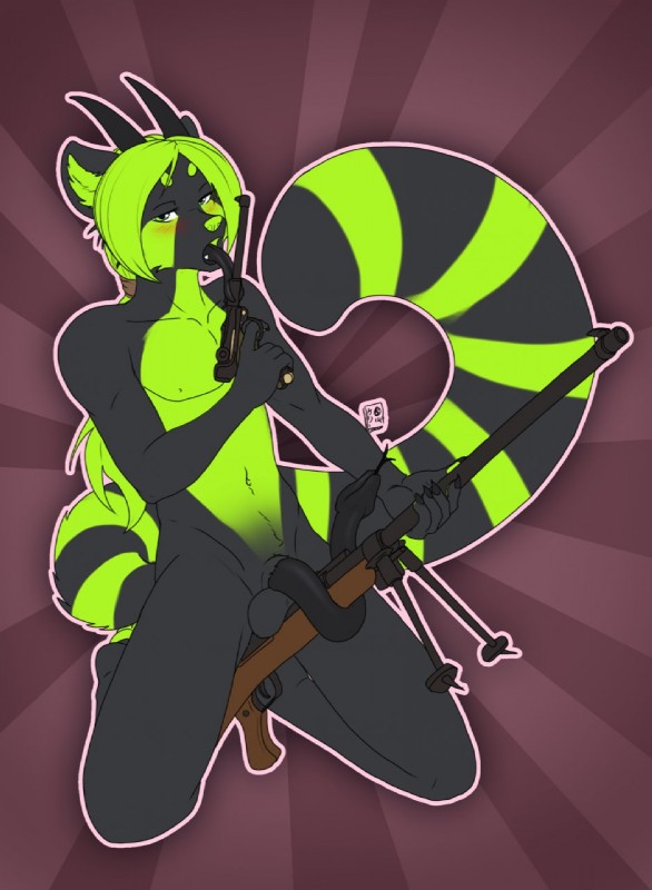 anthro balls blush forked_tongue genitals gun handgun horn male penis pistol ranged_weapon rifle sentient_penis snake_penis solo sunburst_background tongue tongue_out unusual_anatomy unusual_genitalia unusual_penis weapon pinkuh seph491 ailurid demon mammal red_panda reptile scalie snake hi_res