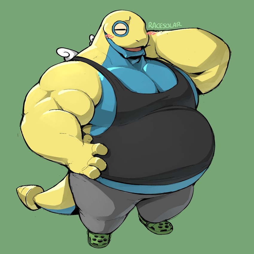 anthro anthrofied belly big_belly black_clothing black_shirt black_tank_top black_topwear bottomwear clothing footwear green_background hand_on_side male overweight overweight_anthro overweight_male pants pokemorph shirt simple_background solo standing sweatpants tank_top topwear racesolar crocs nintendo pokemon dunsparce generation_2_pokemon pokemon_(species) 1:1 hi_res