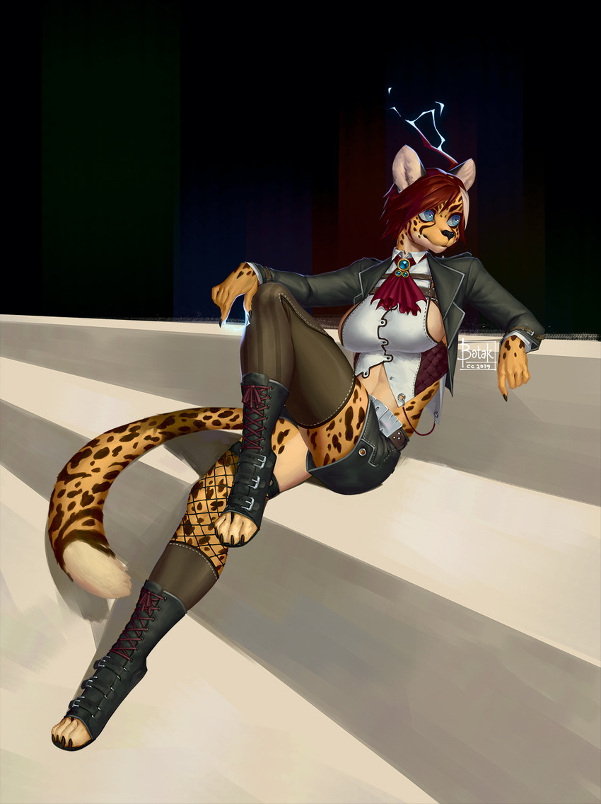 anthro black_nails black_nose blue_eyes boots bottomwear breasts clothing colored_nails female fishnet_clothing footwear hair looking_aside nails plantar_flexion red_hair shoes shorts sitting solo spots yellow_body botak cheetah felid feline mammal 2019 hi_res