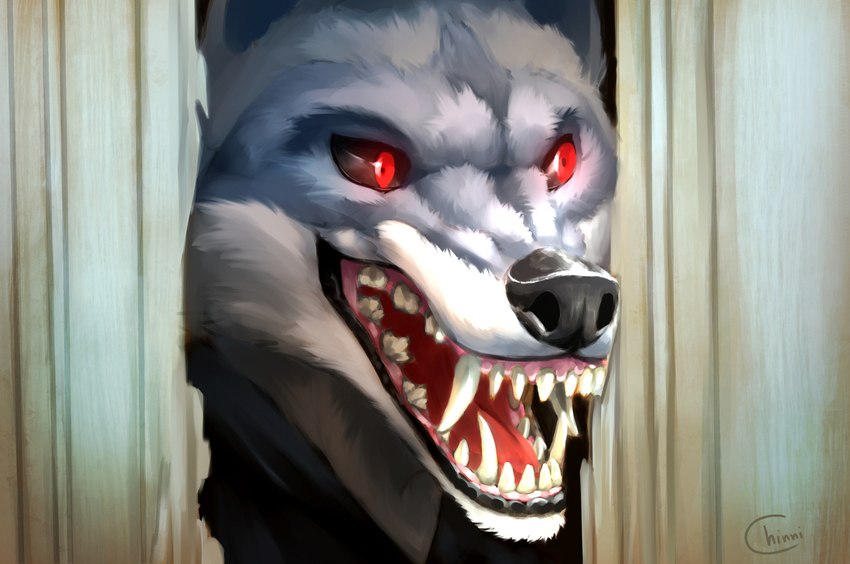 anthro clothed clothing fangs humor male open_mouth red_eyes sharp_teeth smile solo teeth chinni2d dreamworks here's_johnny_(meme) puss_in_boots_(franchise) stephen_king_(copyright) the_shining death_(puss_in_boots) jack_torrance canid canine canis mammal wolf 2023 meme signature