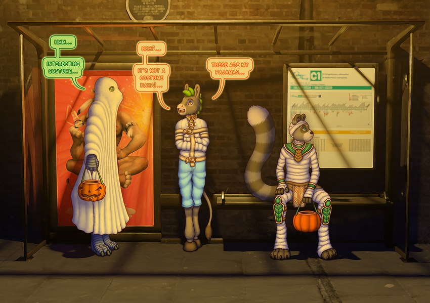 3d_background anthro brick_wall bus_stop color_coded_text cosplay dialogue disguise ghost_costume group holidays male male/male mummy_costume mummy_wrappings outside restraints speech_bubble straitjacket street trio wall_(structure) chokodonkey conditional_dnp halloween choko_(chokodonkey) avian bird equid equine mammal procyonid raccoon