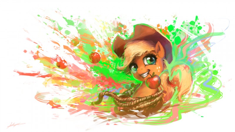 apple blonde_hair clothing cowboy_hat female food fruit green_eyes hair hat headgear headwear plant rope solo splash huussii friendship_is_magic hasbro my_little_pony applejack_(mlp) earth_pony equid equine horse mammal pony 16:9 2016 hi_res wallpaper widescreen