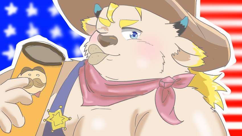 american_flag anthro blonde_hair blue_eyes blush chips_(food) clothing cowboy_hat eating food hair hat headgear headwear male one_eye_closed overalls slightly_chubby solo united_states_of_america wink tullys_dallies lifewonders pringles tokyo_afterschool_summoners babe_bunyan_(tas) bovid bovine cattle mammal 16:9 hi_res widescreen