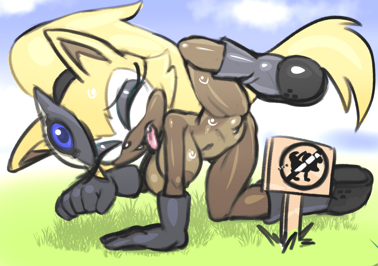 anthro big_breasts blonde_hair bodily_fluids boots breasts brown_body clothing eyeshadow female footwear genitals gloves grass hair handwear imminent_peeing imminent_urine makeup mask mostly_nude_female plant ponytail raised_leg shoes sign smile solo spread_legs spreading squinted_eyes sweat tail tongue tongue_out vulva rockthebull idw_publishing sega sonic_the_hedgehog_(comics) sonic_the_hedgehog_(idw) sonic_the_hedgehog_(series) whisper_the_wolf canid canine canis mammal wolf 2025 hi_res