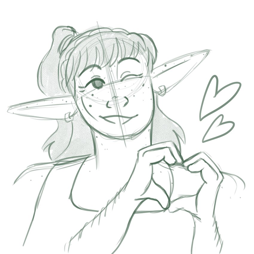 arm_hair bangs body_hair clothed_female clothed_humanoid druid ear_piercing ear_ring eyebrows eyelashes female fingers gesture green_eyebrows green_eyes green_hair green_line_art hair heart_gesture heart_symbol humanoid_pointy_ears magic_user no_pupils not_furry one_eye_closed piercing pointy_ears ponytail ring_piercing simple_background solo tribal_spellcaster white_background slightlyhopefulromantic dungeons_and_dragons hasbro oxventure wizards_of_the_coast merilwen elf humanoid wood_elf 1:1 2024 colored_line_art colored_sketch digital_drawing_(artwork) digital_media_(artwork) english_description green_and_white hi_res monochrome sketch