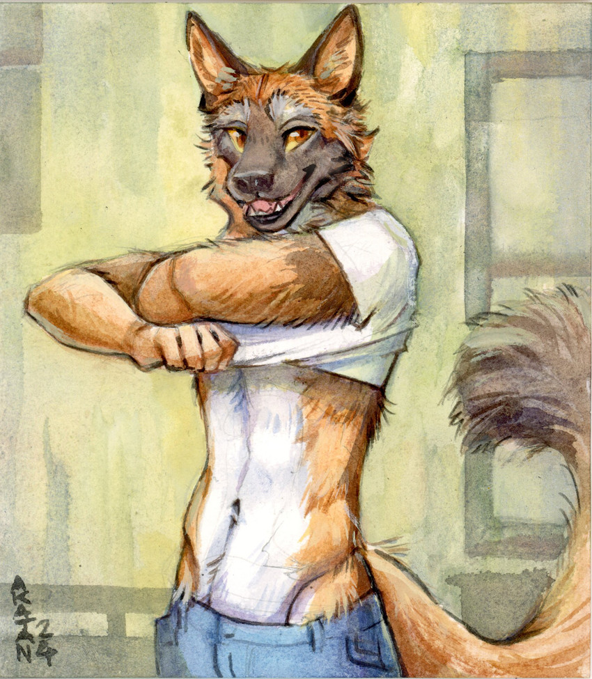 anthro biped blue_bottomwear blue_clothing bottomwear brown_tail cheek_tuft clothing dipstick_tail facial_tuft fangs fur inner_ear_fluff inside looking_at_viewer male male_anthro markings navel open_mouth open_smile orange_body orange_eyes orange_fur orange_inner_ear_fluff orange_tail pink_tongue sharp_teeth shirt slim slim_male smile solo standing t-shirt tail tail_markings teeth tongue topwear tuft undressing v-cut white_body white_clothing white_fur white_shirt white_t-shirt white_topwear yellow_sclera akatan_art canid canine canis domestic_dog german_shepherd herding_dog mammal pastoral_dog 2024 dated hi_res signature traditional_media_(artwork)