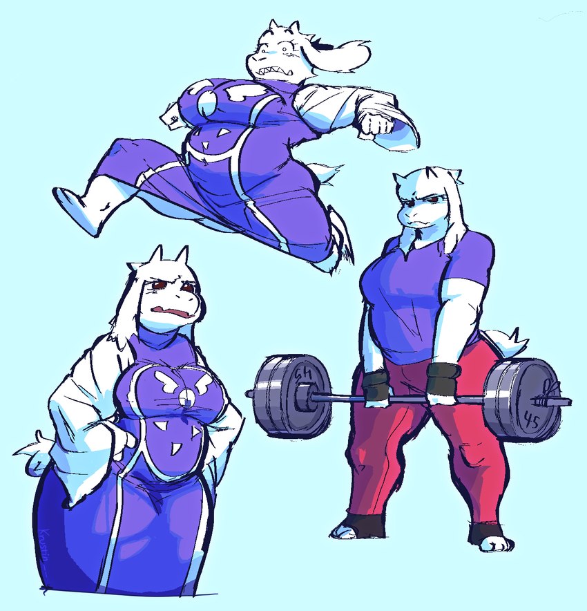 anthro belly breasts clothing delta_rune_(emblem) exercise exercise_clothing female floppy_ears fur horn mature_anthro mature_female open_mouth red_eyes robe running scut_tail sharp_teeth short_tail simple_background slightly_chubby slightly_chubby_anthro slightly_chubby_female standing symbol tail teeth weightlifting white_body white_fur workout dicenslices undertale undertale_(series) toriel boss_monster_(undertale) bovid caprine goat mammal 2024 hi_res multiple_images