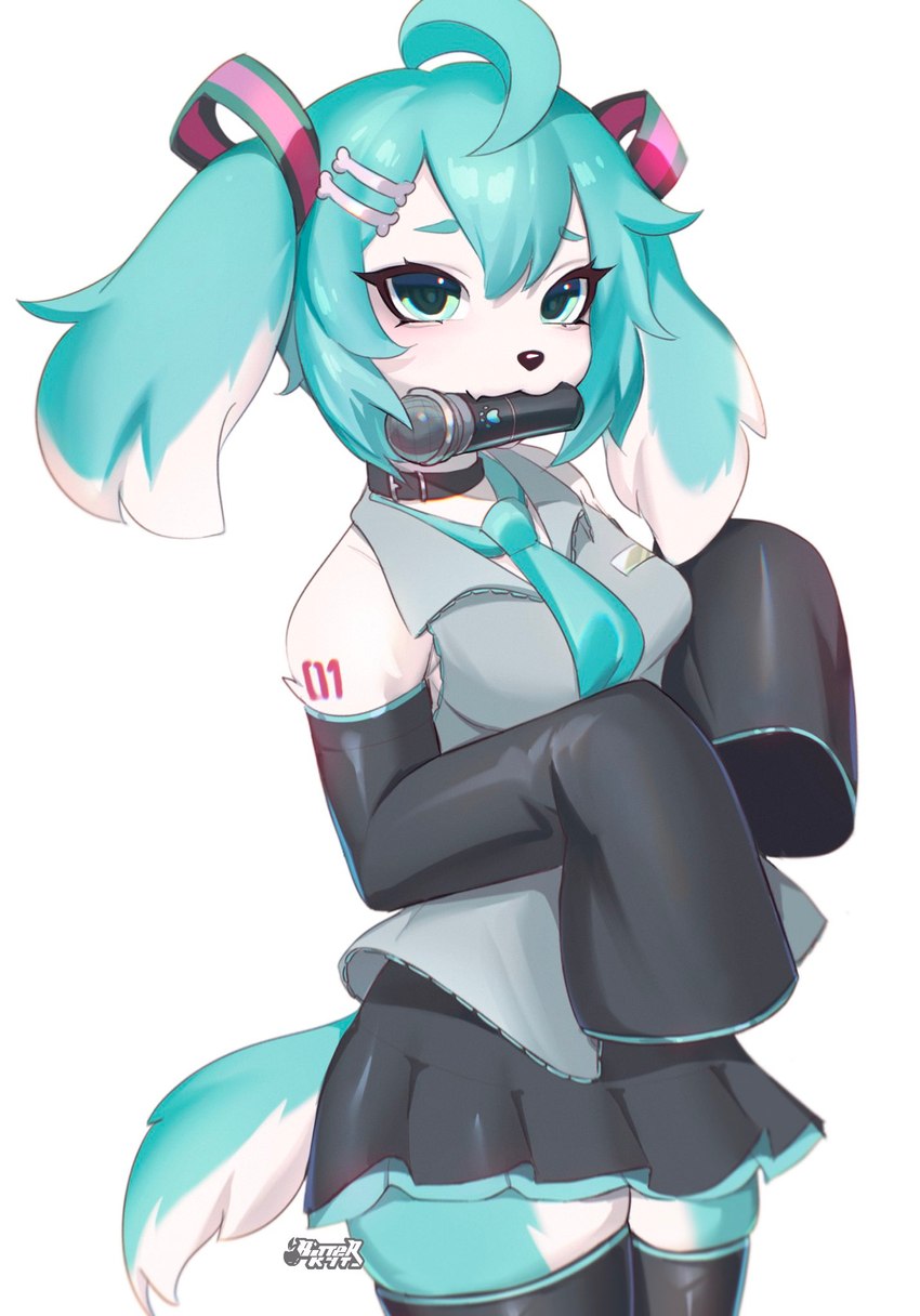 aegyo_sal alternate_species anthro black_nose blue_body blue_eyes blue_fur blue_hair bottomwear breasts clothed clothing electronics female floppy_ears fully_clothed fur furrification hair lop_ears microphone mouth_hold simple_background skirt solo white_background white_body white_fur bitterk4t vocaloid hatsune_miku canid canine canis domestic_dog mammal 2024 digital_drawing_(artwork) digital_media_(artwork) hi_res