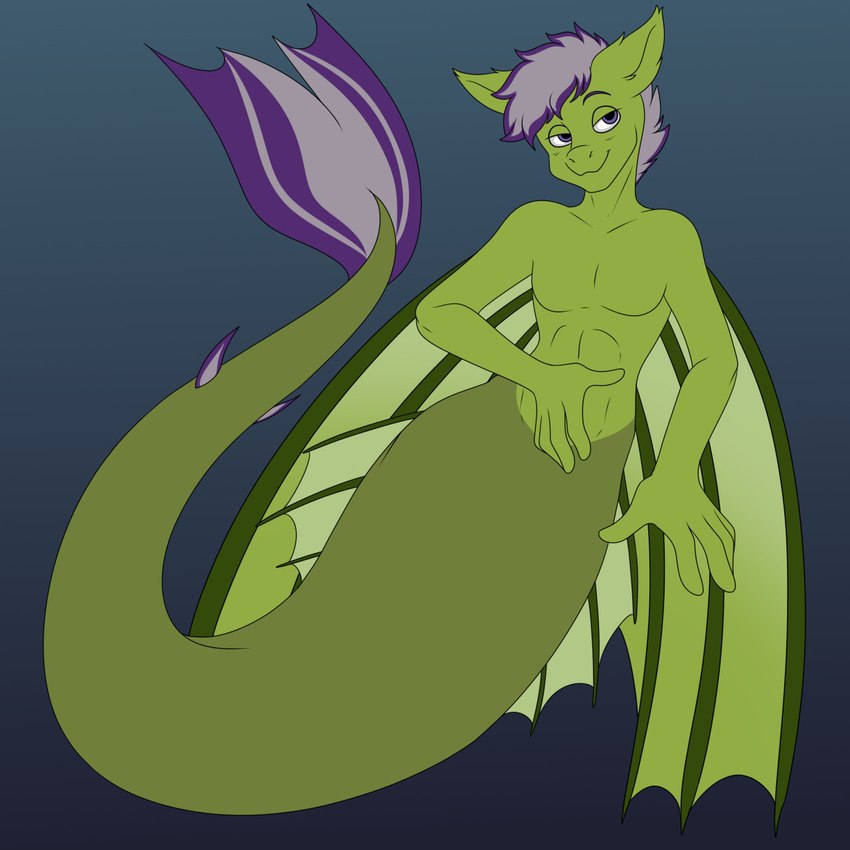 anthro collarbone fin green_body green_skin hair half-closed_eyes humanoid_hands male narrowed_eyes purple_eyes purple_hair short_hair smile solo split_form wings axelferdinan beholdervee european_mythology greek_mythology hasbro my_little_pony mythology equid hippocampus mammal marine merfolk 1:1 digital_media_(artwork) hi_res