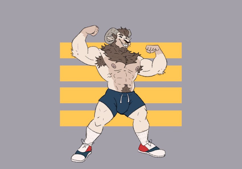 abs anthro arm_tuft armpit_hair beard biceps blue_bottomwear blue_clothing blue_shorts body_hair bottomwear brown_hair bulge chest_hair clothed clothing drawstring elbow_tuft eyes_closed facial_hair fist flexing flexing_bicep flexing_both_biceps footwear forearm_muscles goatee grey_background hair hairy happy_trail male mane manly muscular muscular_arms muscular_legs navel nipples obliques pecs pubes shoes shorts shorts_only simple_background smile socks solo standing topless triceps tuft yellow_background huskyralvar loki_krampus bovid caprine goat mammal 2025 hi_res