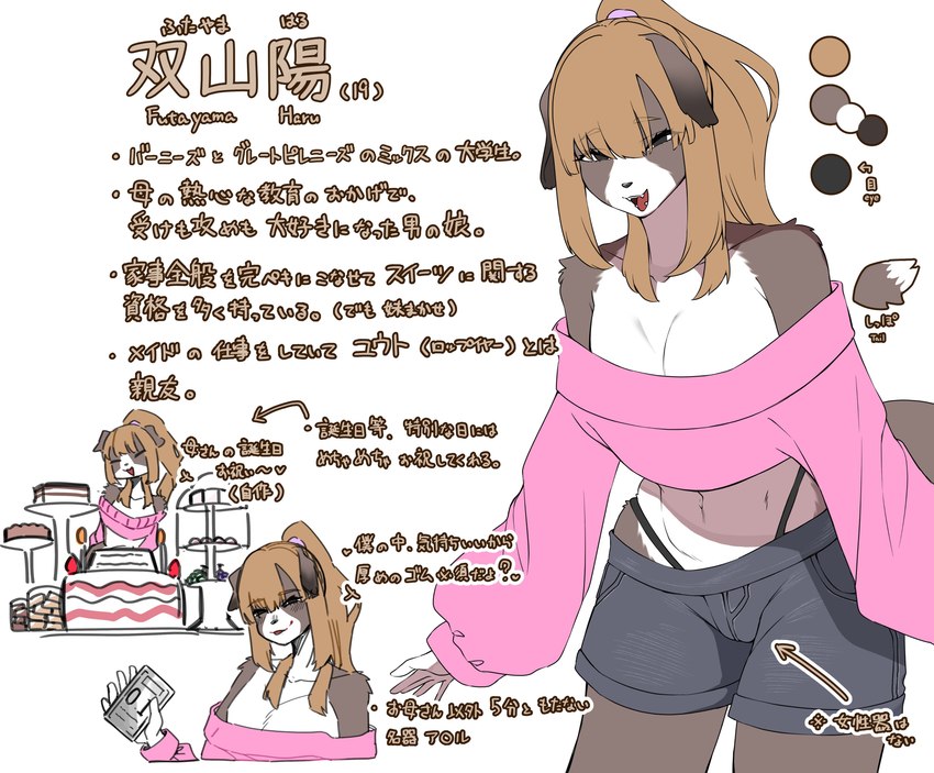 5_fingers anthro bedroom_eyes biped bottomwear brown_body brown_fur brown_hair cake clothed clothing condom_box crop_top crossdressing cute_fangs dessert ears_down eyelashes femboy fingers fluffy fluffy_tail food front_view fully_clothed fur grey_bottomwear grey_clothing grey_shorts hair kemono looking_at_viewer male narrowed_eyes open_mouth open_smile pink_clothing pink_crop_top pink_shirt pink_topwear pivoted_ears seductive shirt shorts simple_background smile snout soft_abs solo standing tail text thick_thighs thong_straps three-quarter_view topwear white_background white_body white_fur denyfake futayama_haru_(denyfake) bernese_mountain_dog canid canine canis domestic_dog great_pyrenees livestock_guardian_dog mammal mixed_breed molosser mountain_dog pastoral_dog swiss_mountain_dog 2024 absurd_res hi_res japanese_text model_sheet partially_translated portrait three-quarter_portrait translation_check translation_request