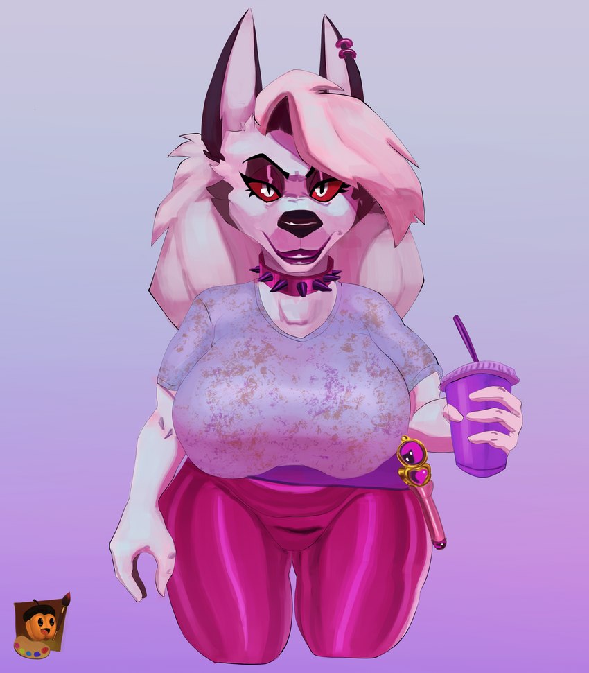 anthro beverage big_breasts breasts clothing curvy_figure female huge_breasts looking_at_viewer red_eyes sagging_breasts soda solo tight_clothing topwear voluptuous wide_hips grishnax helluva_boss mythology loona_(helluva_boss) canid canid_demon canine cannie demon hellhound mammal mythological_canine mythological_creature absurd_res hi_res