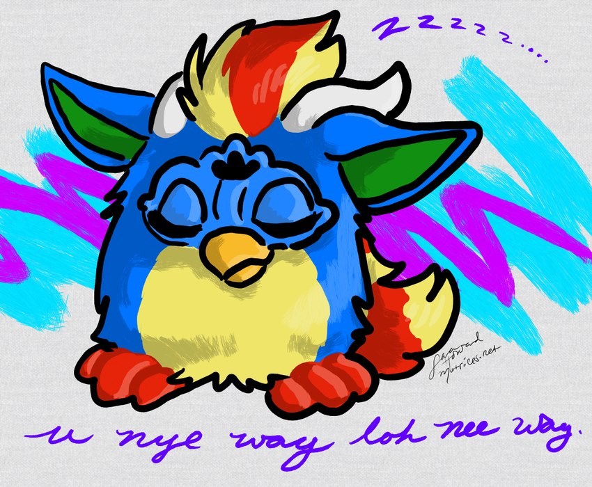 ambiguous_gender beak blue_body blue_fur eyes_closed feral fur green_inner_ear head_tuft horn purple_text sleeping solo sound_effects text tuft vowelless vowelless_sound_effect white_horn yellow_beak yellow_body yellow_fur zzz matrices_(artist) solo_jazz_pattern furby_(species) 2017 constructed_language digital_drawing_(artwork) digital_media_(artwork) fictional_language full-length_portrait furbish_text handwritten_text portrait shaded signature translated url