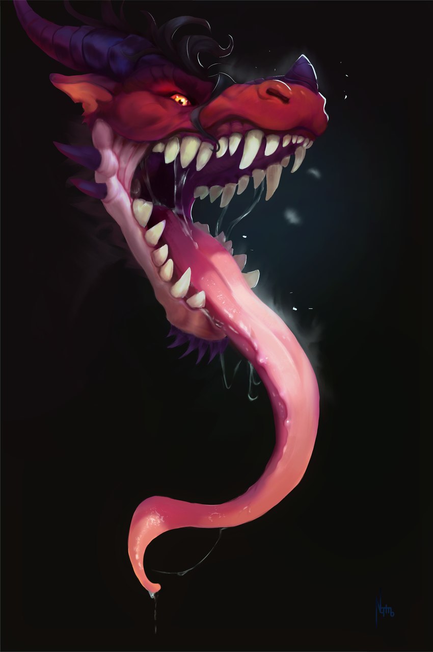 bodily_fluids fangs feral fur horn male mouth_shot open_mouth red_body red_fur red_scales saliva saliva_string scales simple_background solo teeth narmo4lives mythology entropy_(billeur) dragon mythological_creature mythological_scalie scalie absurd_res hi_res