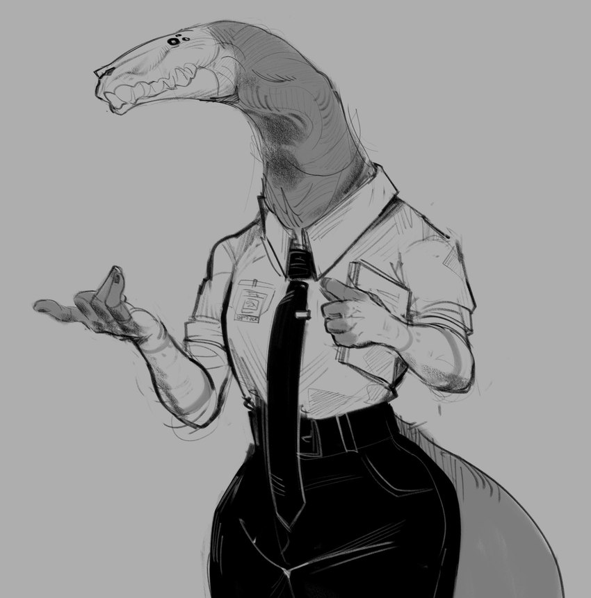 anthro bone bottomwear clipboard clothed clothing dress_shirt female fully_clothed long_neck necktie office_lady pants shirt simple_background skull skull_head solo topwear titanogoro monster unknown_species greyscale hi_res monochrome