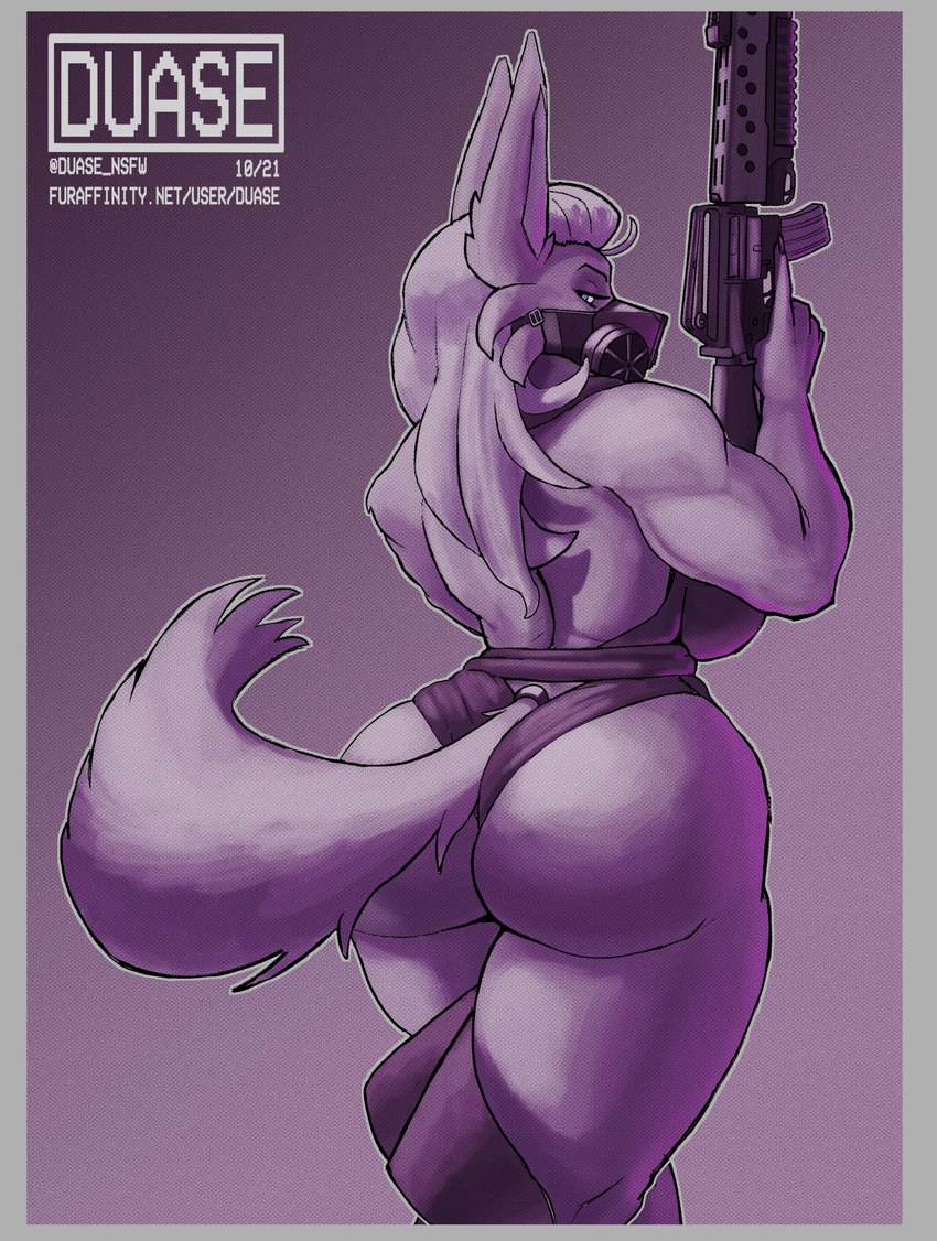 anthro assault_rifle blue_eyes border clothing female gas_mask grey_border gun m16 m16a2 m203 mask muscular muscular_female ranged_weapon rear_view rifle solo text thick_thighs weapon duase rasa_(duase) canid canine canis mammal wolf 2021 absurd_res english_text hi_res url