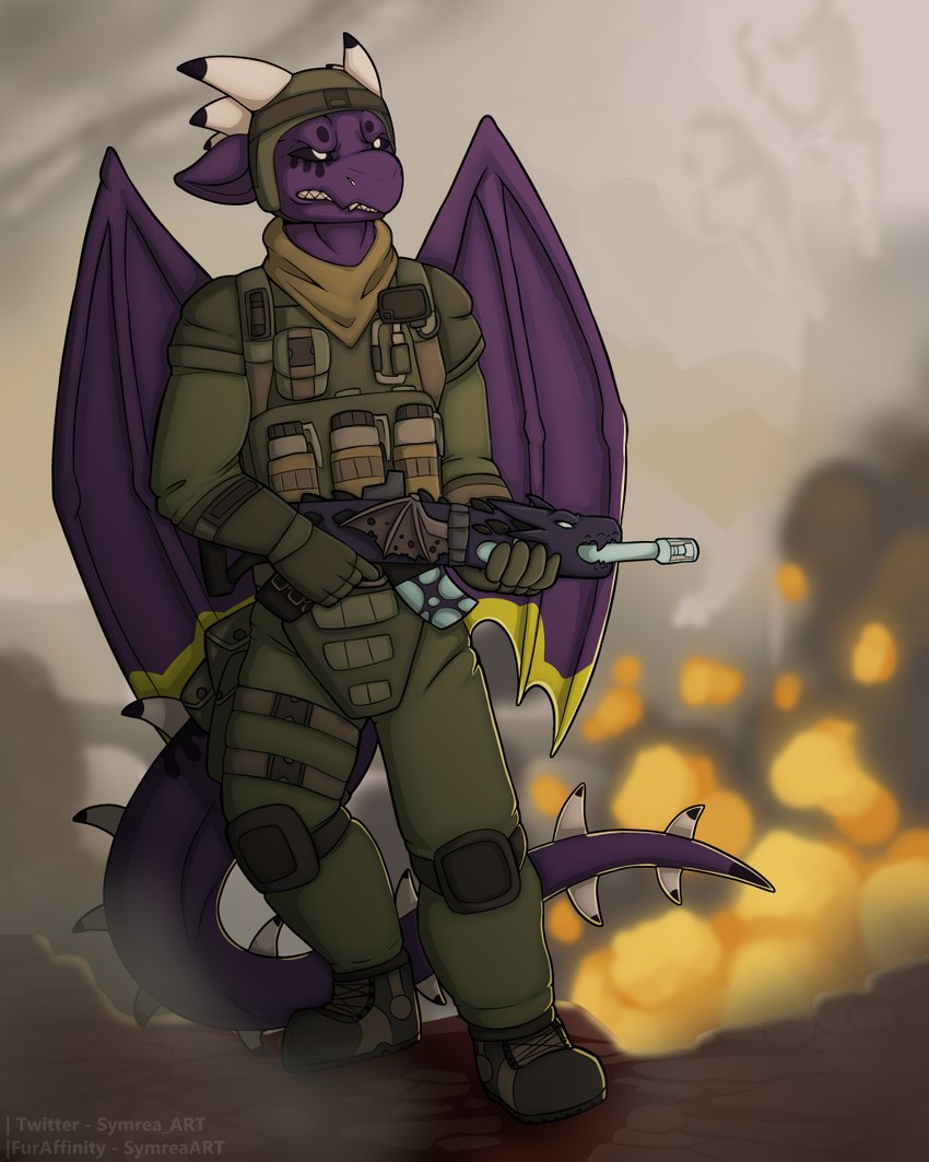 anthro armor army army_uniform gun horn membrane_(anatomy) membranous_wings purple_body ranged_weapon spines tail weapon wings symrea mythology dragon mythological_creature mythological_scalie scalie 4:5 hi_res