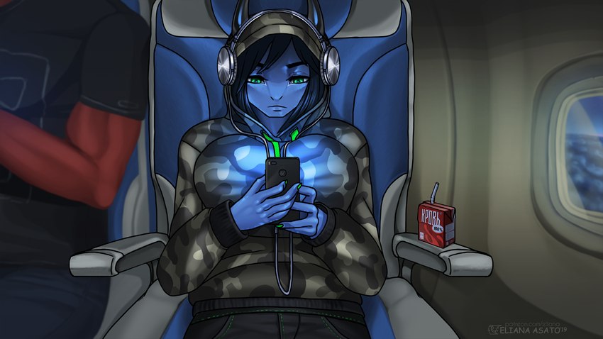 aircraft airplane anthro bangs beverage blue_body blue_hair blue_scales blue_skin bottomwear breasts cellphone clothed clothed_breasts clothing colored_nails detailed_background duo electronics female food green_eyes green_nails hair headgear headphones holding_object hood hoodie horn inside_airplane listening_to_music male muscular nails phone red_body red_scales scales shirt sitting solo_focus straight_horn t-shirt topwear vehicle eliana-asato mythology coman ena_(eliana) dragon mythological_creature mythological_scalie scalie 16:9 digital_media_(artwork) widescreen