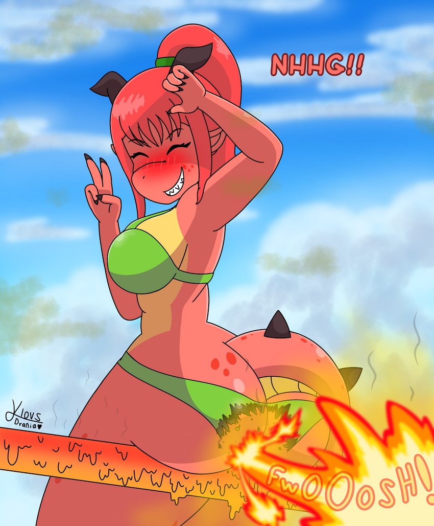 anthro big_breasts big_butt bikini blush breasts butt clothing fart fart_fetish female fire fire_fart hair red_body red_hair smile swimwear tail thick_thighs two-piece_swimsuit klovs mythology drania_(klovs) dragon mythological_creature mythological_scalie scalie hi_res