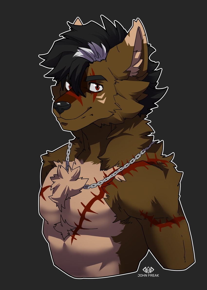 black_hair brown_body brown_fur chain chest_tuft fur hair male simple_background solo tuft johnfreak canid canine canis mammal wolf absurd_res digital_drawing_(artwork) digital_media_(artwork) half-length_portrait hi_res portrait