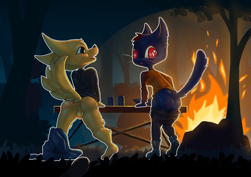anthro anus backsack balls biped black_body black_nose bottomwear bottomwear_down butt campfire clothed clothing duo female forest furniture genitals head_tuft looking_at_another looking_at_viewer looking_back looking_back_at_viewer male male/female night notched_ear open_mouth orange_body pants pants_down partially_clothed plant presenting presenting_hindquarters raised_tail rear_view red_eyes table tail teeth tongue tree tuft whiskers galo night_in_the_woods gregg_lee mae_borowski canid canine domestic_cat felid feline felis fox mammal 2024 hi_res