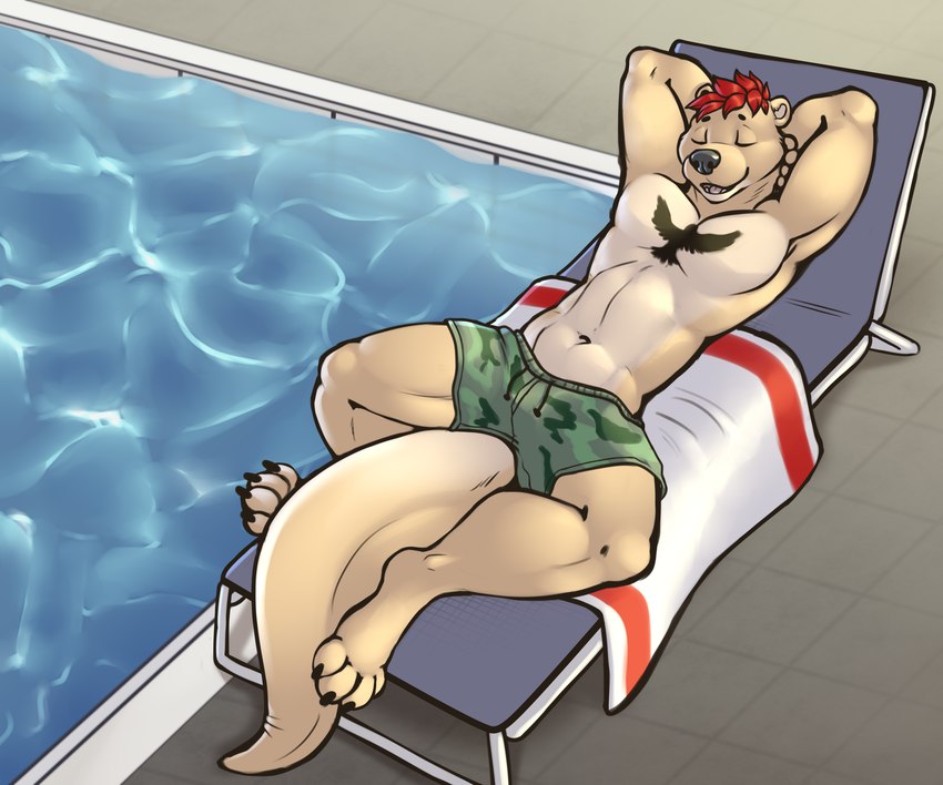 anthro bottomwear camo camo_print chair clothing fur fur_markings furniture hair lounge_chair lounging lying male markings muscular muscular_male on_back poolside red_hair shorts solo swimwear tail tan_body tan_fur towel water jonas-puppeh schwartz_otter mammal mustelid otter absurd_res hi_res