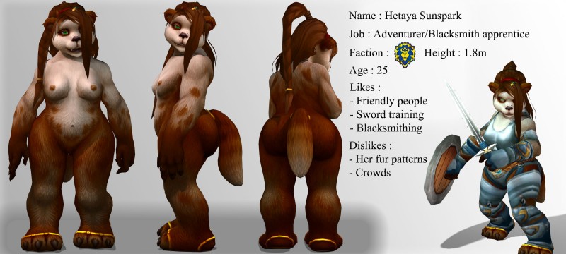 alliance breasts brown_body brown_fur female fur fur_markings green_eyes markings shield solo text warrior ilikepandaren blizzard_entertainment warcraft hetaya bear mammal pandaren red_pandaren 3d_(artwork) digital_media_(artwork) english_text hi_res