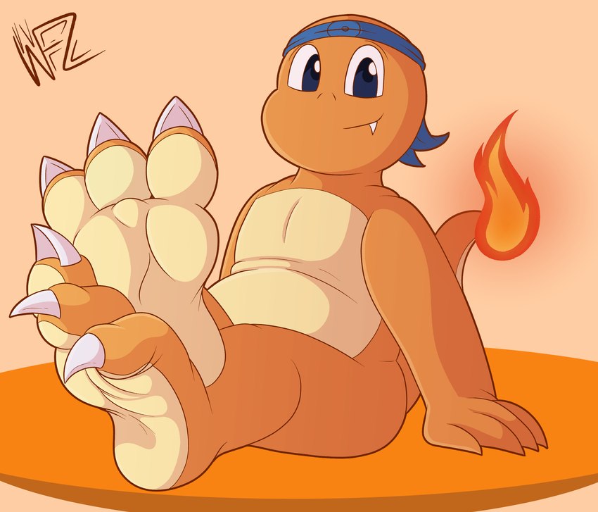 3_toes anthro blue_eyes claws countershade_feet countershading crossed_ankles crossed_feet curling_toes cute_fangs fangs feet feet_together feet_up fire foot_focus front_view happy kerchief looking_at_viewer male orange_body perspective presenting simple_background smile soles solo teeth toe_claws toes white_claws wrinkles weirdofunzone nintendo pokemon eddy_(includefireio) charmander generation_1_pokemon pokemon_(species) hi_res