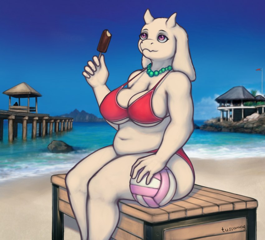 anthro big_breasts breasts clothed clothing curvy_figure female fur horn jewelry mature_anthro mature_female navel necklace purple_eyes slightly_chubby slightly_chubby_female smile solo swimwear voluptuous white_body white_fur tussamag undertale undertale_(series) toriel boss_monster_(undertale) bovid caprine goat mammal hi_res