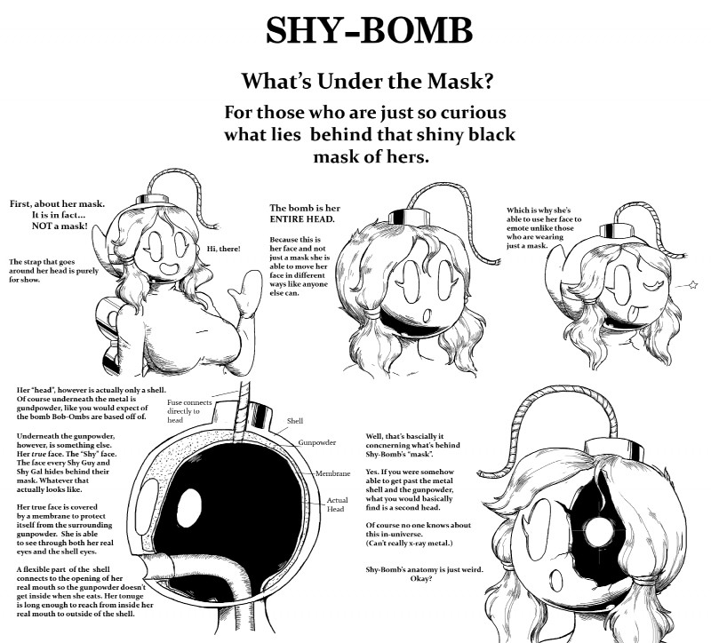 anatomy breasts cutaway eyelashes female fuse hair not_furry one_eye_closed solo text tongue tongue_out wind-up_key wink mataknight outta_sync mario_bros nintendo shy-bomb bob-omb bomb_humanoid living_bomb shyguy broken black_and_white english_text hi_res monochrome