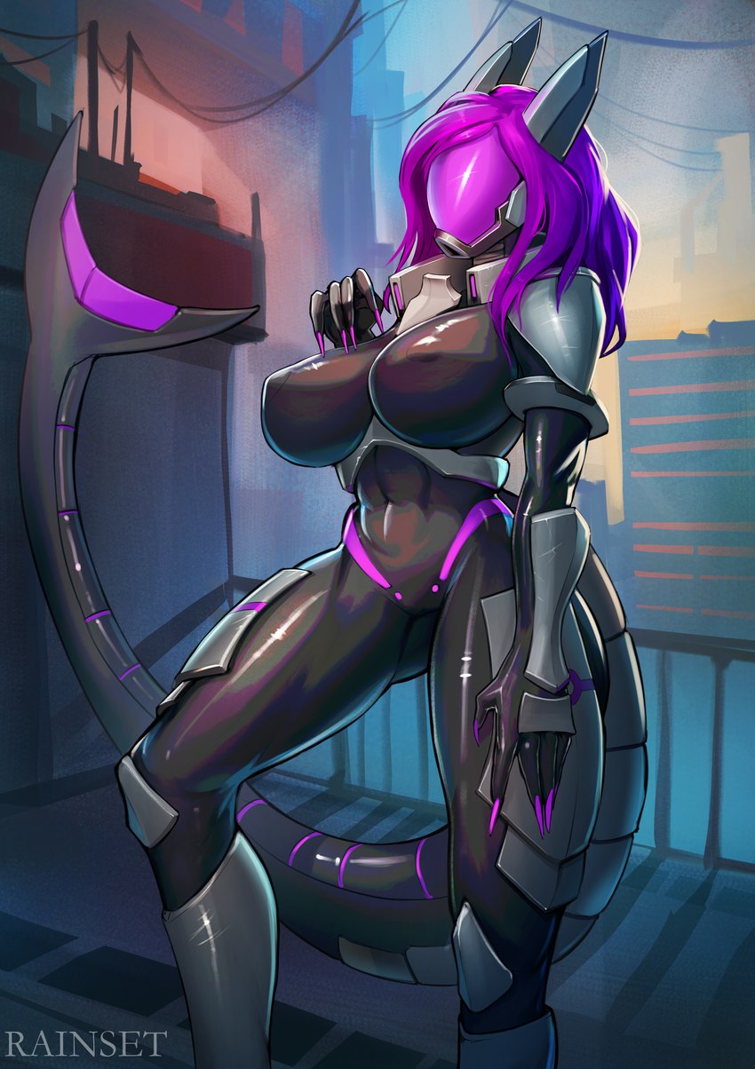 anthro armor big_breasts black_latex breasts city clothing drone female fin gas_mask glistening glistening_latex hair huge_breasts latex latex_clothing latex_skinsuit long_nails mask nipple_outline purple_hair rubber_clothing skinsuit solo tail tail_fin tight_clothing visor rainset digos d-v:_alara fish marine shark 2022 absurd_res hi_res