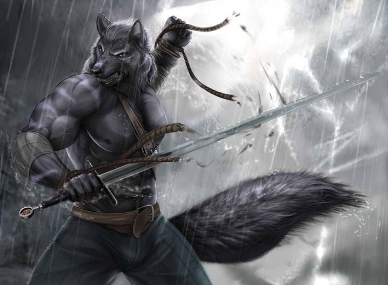 abs anthro belt biceps black_body black_fur black_nipples blue_bottomwear blue_clothing blue_pants bottomwear clothed clothing fangs fluffy fluffy_tail front_view frown fur grey_body grey_eyes grey_fur grey_tail holding_melee_weapon holding_object holding_sword holding_weapon looking_at_viewer male melee_weapon muscular muscular_anthro muscular_male nipples outside pants pecs raining rope snout solo standing sword tail tan_belt teeth topless vein weapon zorro_re canid canine canis mammal wolf