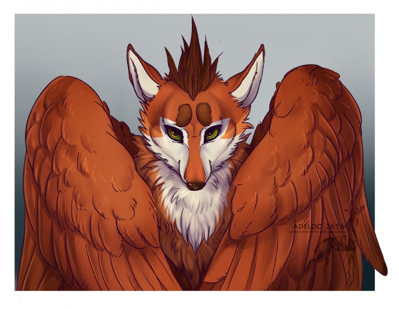 ambiguous_gender feathered_wings feathers feral fur looking_at_viewer solo wings adeloo canid canine fox hybrid mammal