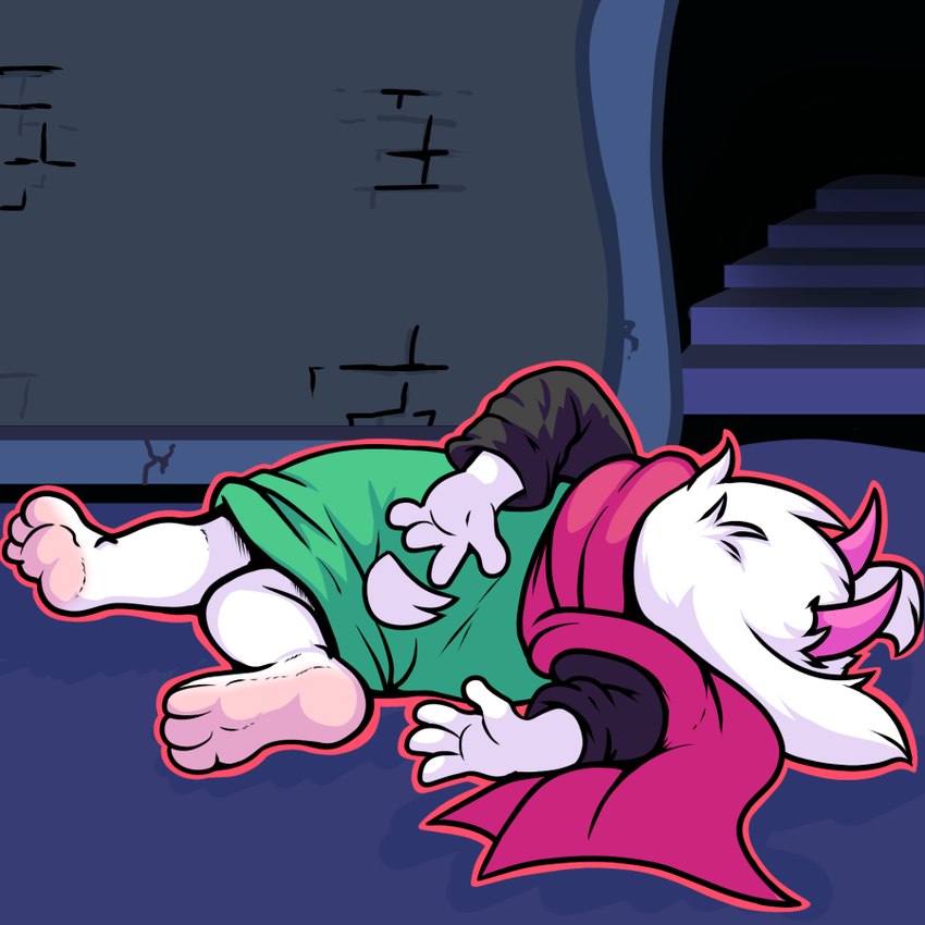 3_toes 4_fingers ambiguous_gender anthro barefoot clothed clothing feet fingers hindpaw horn lying paws scarf soles solo stairs toes crackers deltarune family_guy_death_pose undertale_(series) ralsei bovid caprine goat mammal 1:1 2022 digital_media_(artwork) meme