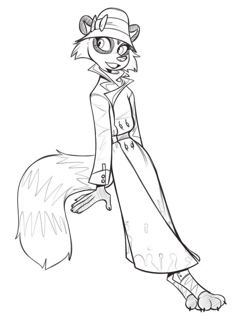 3_toes anthro claws cloche_hat clothing coat feet female hat headgear headwear smile solo toes topwear trenchcoat lenyavok nicky_(lenyavok) mammal procyonid raccoon 2023 hi_res monochrome