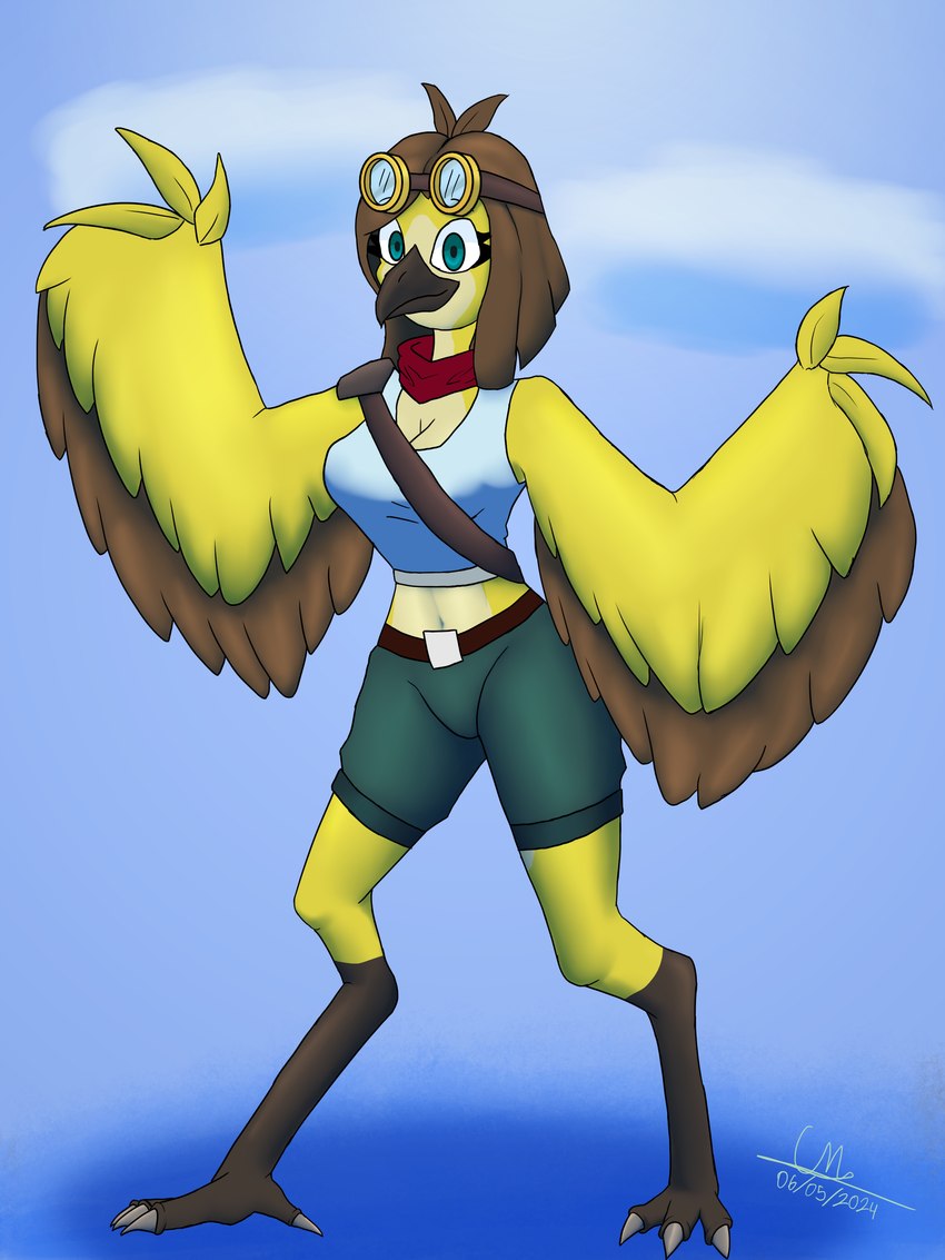 anthro aviator_goggles blue_eyes brown_body brown_feathers brown_hair clothed clothing feathers female hair solo yellow_body yellow_feathers cmaster1987 lawrie_(cmaster1987) animal_humanoid avian avian_humanoid bird bird_humanoid humanoid 3:4 absurd_res hi_res