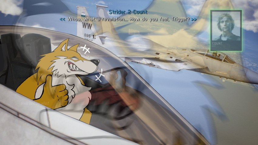 aircraft airplane angry anthro cloud duo f-22 f15c gesture hand_gesture inner_monologue male nodding_head pilot rage_face text thinking thumbs_up vehicle belkanloyalist_(artist) blue8492_(artist) ace_combat ace_combat_7 bandai_namco f-15_eagle count_(ace_combat_7) trigger_(ace_combat_7) canid canine canis f-22_raptor human humanoid mammal wolf 16:9 english_text hi_res widescreen