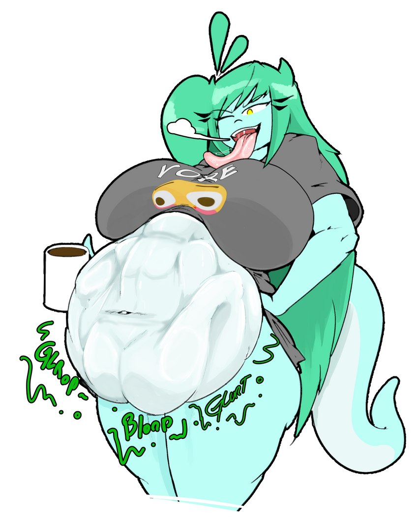 anthro belly belly_inflation big_belly body_outline butt_imprint clothing emoji_clothing female female_pred female_prey flustered_face_emoji green_hair hair huge_belly inflation long_hair one_eye_closed oral_vore simple_background solo text text_on_clothing tongue tongue_out vore white_background fairyfud bulging_smiley_shirt_meme rose_(fairyfud) scalie 2023 digital_media_(artwork) hi_res