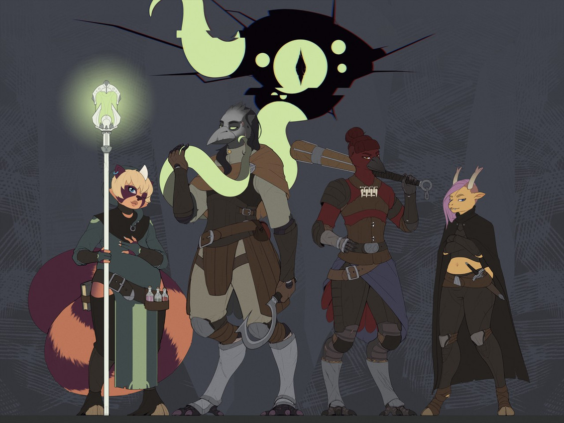 anthro antlers armor barbarian blonde_hair cleric clothing club_(weapon) dewclaw_hooves feathers female femboy fur greaves hair half-closed_eyes hooves horn knife magic_staff magic_user male markings melee_weapon narrowed_eyes orange_body orange_fur portal purple_body purple_fur purple_hair red_body red_feathers rogue shirt sickle slightly_chubby slightly_chubby_anthro slightly_chubby_male smile striped_markings striped_tail stripes tail tail_markings tisks topwear tunic weapon inketch dungeons_and_dragons hasbro mythology wizards_of_the_coast aiden_(bleats) nayomii_(character) tusk_(bleats) avian bird corvid corvus_(genus) crow deer equid equine hybrid mammal mythological_creature mythological_equine oscine passerine procyonid raccoon raven unicorn water_deer 4:3