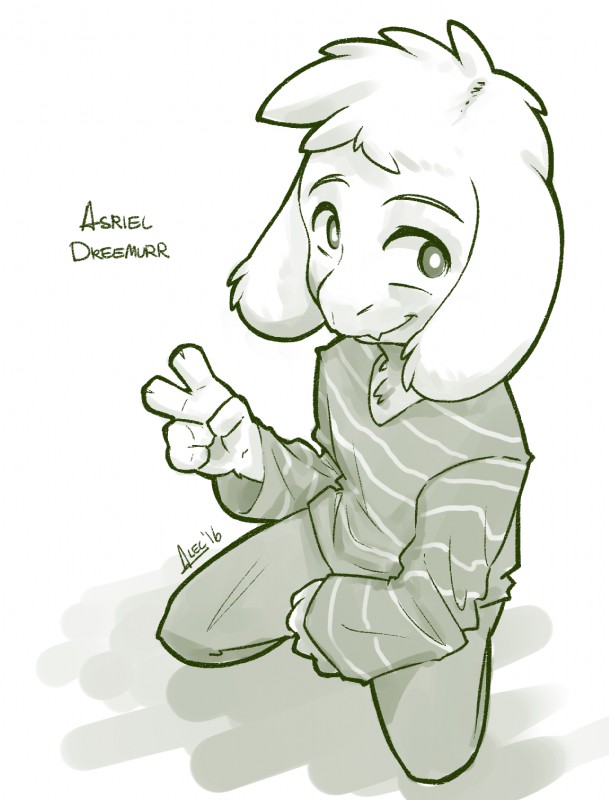 anthro biped clothed clothing cute_fangs fangs gesture hand_gesture kneeling looking_at_viewer male simple_background smile solo teeth text v_sign white_background alec8ter conditional_dnp undertale undertale_(series) asriel_dreemurr boss_monster_(undertale) bovid caprine goat mammal 2016 hi_res monochrome signature