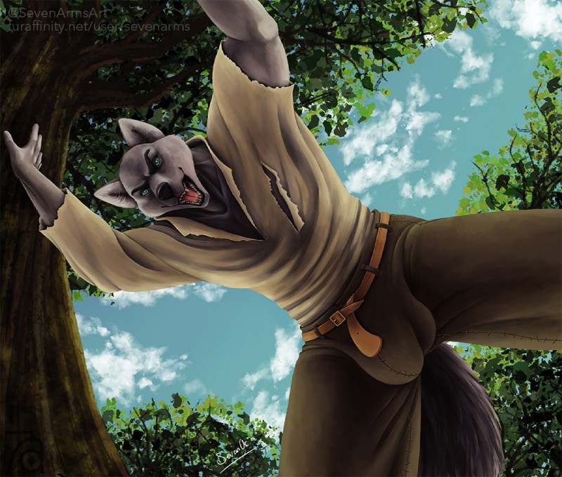 anthro blue_eyes bulge clothed clothing detailed_background forest looking_at_viewer male medieval muscular muscular_anthro muscular_male outside plant smile solo standing tree sevenarms fairy_tales little_red_riding_hood_(copyright) big_bad_wolf canid canine canis mammal wolf 2018 digital_media_(artwork)