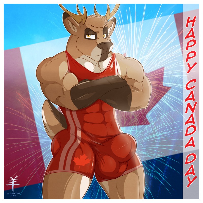 abs anthro antlers biceps big_bulge biped border brown_body brown_fur brown_nose bulge canada canadian_flag chest_tuft clothing crossed_arms detailed_bulge fur genital_outline holidays horn looking_at_viewer male maple_leaf muscular muscular_anthro muscular_male pecs penis_outline solo standing tight_clothing tuft white_body white_border white_fur wrestling_singlet yellow_eyes aaron_(artist) canada_day deer mammal new_world_deer reindeer 1:1 2015 hi_res