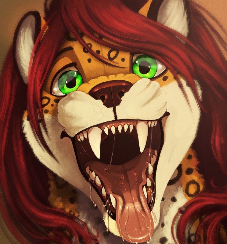 ambiguous_gender anthro bodily_fluids close-up fangs gaping_mouth green_eyes hair long_fangs long_hair looking_at_viewer mouth_shot open_mouth red_hair saliva smile solo teeth tongue tongue_out vorelord mahiri felid leopard mammal pantherine hi_res