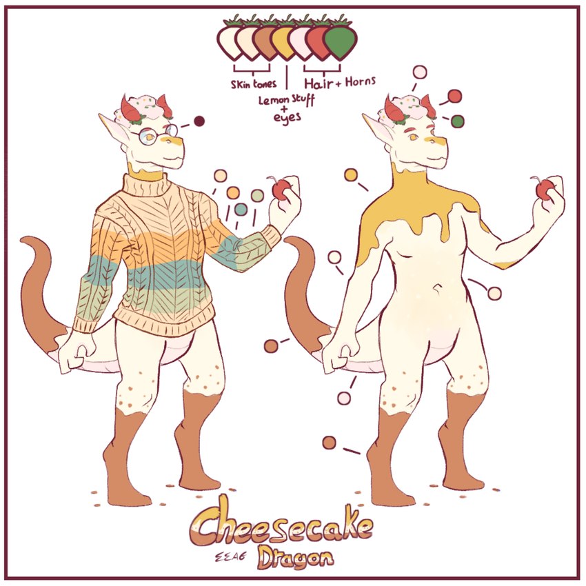 4_fingers anthro bottomless cake cheesecake closed_smile clothed clothing dessert eyebrows eyewear fingers food glasses male mouth_closed nude simple_background smile solo sweater tail text topwear mythology dragon mythological_creature mythological_scalie reptile scalie absurd_res digital_media_(artwork) hi_res model_sheet