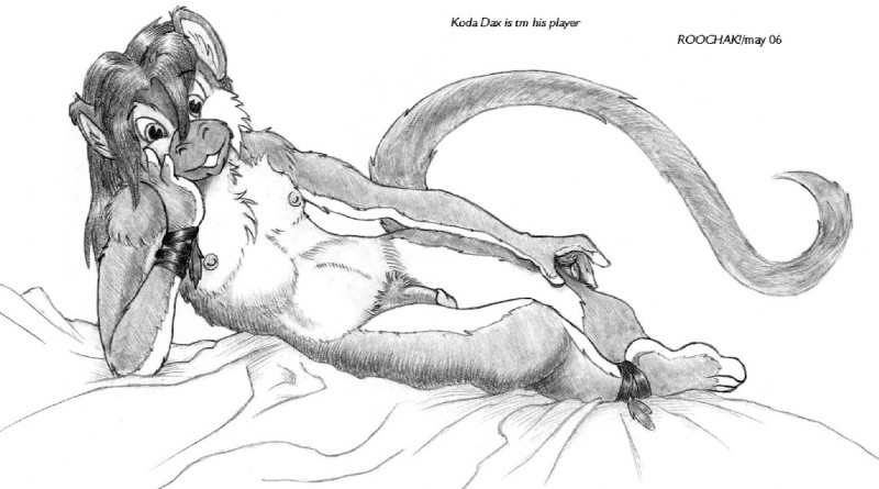 anthro flaccid genitals looking_at_viewer male nipples nude penis solo straps tail roochak koda_dax cebid haplorhine mammal monkey new_world_monkey primate squirrel_monkey 2006 greyscale monochrome