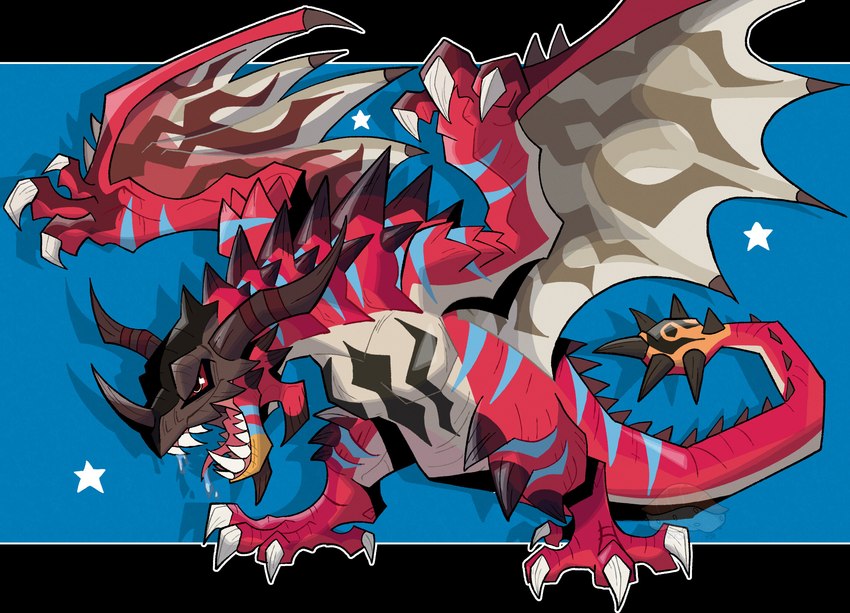 armor claws feral headgear helmet horn male red_body red_eyes red_scales scales sharp_teeth solo teeth wings snek_snack bandai_namco capcom digimon monster_hunter digimon_(species) flying_wyvern greymon hybrid rath_wyvern rathalos rathgreymon absurd_res crossover hi_res