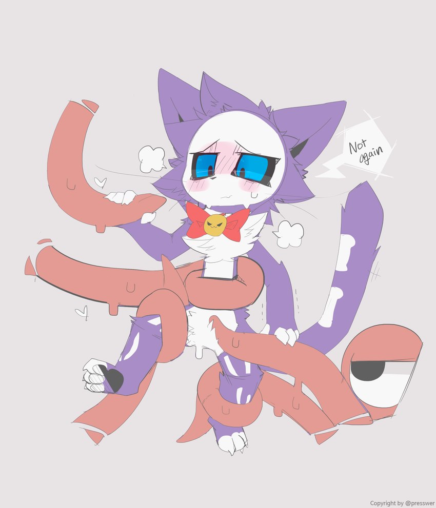 3_toes 4_fingers >:3 ambiguous_gender anthro black_nose black_pawpads black_sclera blue_eyes blush bodily_fluids bow_tie breath chest_tuft crotch_tuft dialogue duo eyebrows facial_markings featureless_crotch feet fingers fluffy forced fur fur_markings grey_background hand_on_tentacle head_markings heart_symbol hindpaw markings mask_(marking) multicolored_body multicolored_fur panting pawpads paws pupils purple_body purple_ears purple_fur purple_tail red_tentacles simple_background snout sweat sweatdrop tail tapering_tentacles tentacle_around_leg tentacle_around_waist tentacle_grab tentacles text toes tuft wet_tentacles white_background white_body white_fur white_markings presto_(artist) presto_(character) domestic_cat felid feline felis mammal tentacle_creature 2020 artist_name digital_media_(artwork) english_text male_(lore)